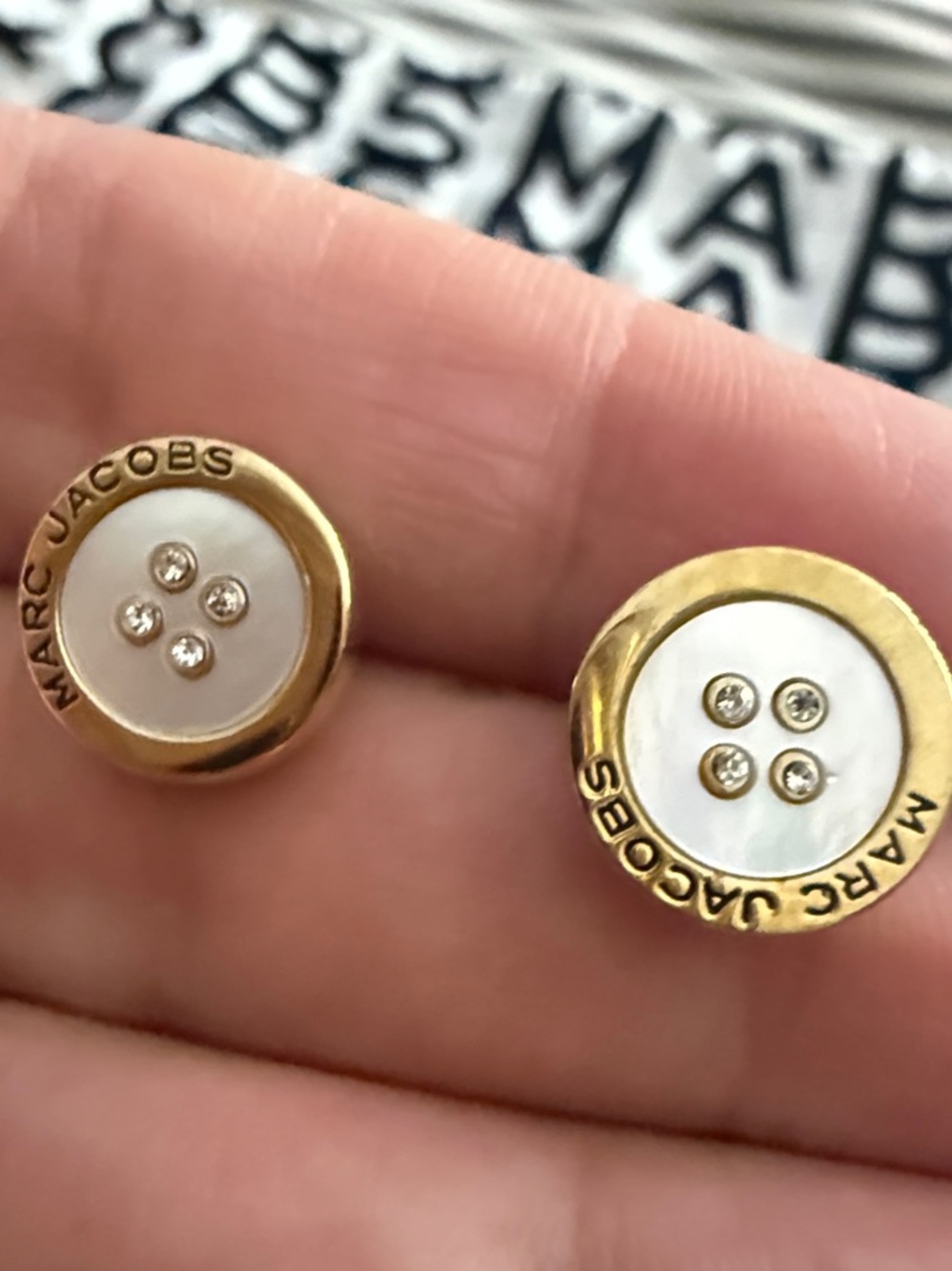 Marc Jacobs Gold Tone Button Stud Earrings with White Center and Crystals